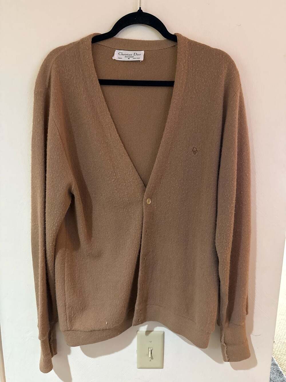 Vintage Christian Dior Monsieur Men XL Camel Cardigan Sweater CD Logo